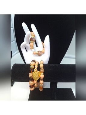 Boho Brown and Peach Color Beaded Bracelet 4 Pc Set with Gold Accents